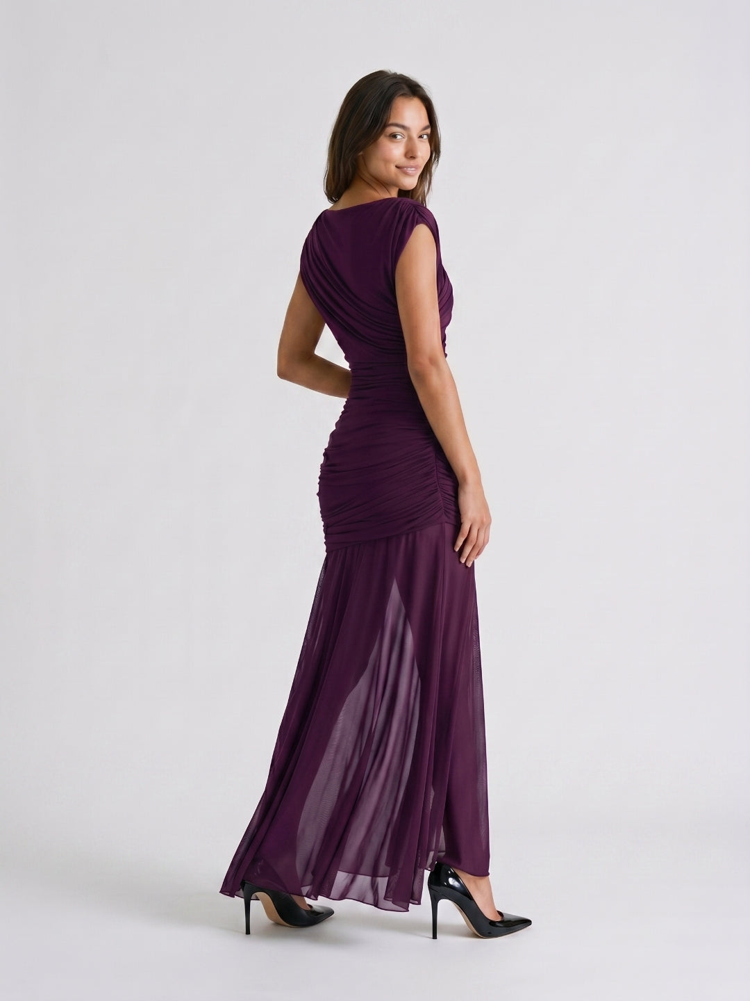 Plum Matte Satin Sheath Cowl Neck Corset Back Floor-Length Formal Dress with Pleating - Curvevia