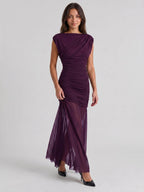 Plum Matte Satin Sheath Cowl Neck Corset Back Floor-Length Formal Dress with Pleating - Curvevia