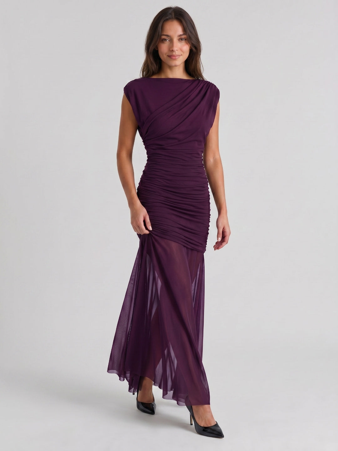 Plum Matte Satin Sheath Cowl Neck Corset Back Floor-Length Formal Dress with Pleating - Curvevia