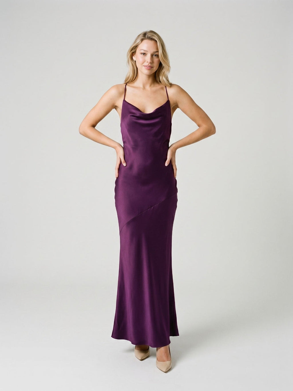 Plum Satin Column V-Neck Criss-Cross Straps Floor-Length Formal Dress with Pleating - Curvevia