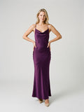 Plum Satin Column V-Neck Criss-Cross Straps Floor-Length Formal Dress with Pleating - Curvevia