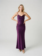 Plum Satin Column V-Neck Criss-Cross Straps Floor-Length Formal Dress with Pleating - Curvevia