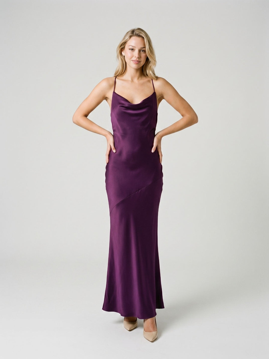Plum Satin Column V-Neck Criss-Cross Straps Floor-Length Formal Dress with Pleating - Curvevia