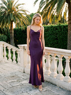Plum Satin Column V-Neck Criss-Cross Straps Floor-Length Formal Dress with Pleating - Curvevia