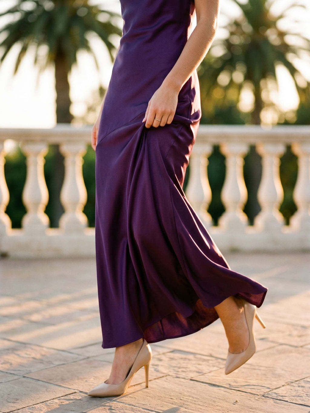 Plum Satin Column V-Neck Criss-Cross Straps Floor-Length Formal Dress with Pleating - Curvevia