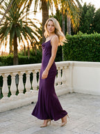 Plum Satin Column V-Neck Criss-Cross Straps Floor-Length Formal Dress with Pleating - Curvevia