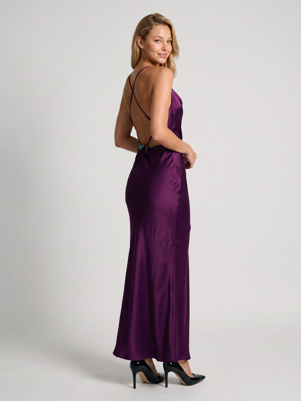 Plum Satin Column V-Neck Criss-Cross Straps Floor-Length Formal Dress with Pleating - Curvevia