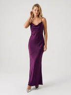 Plum Satin Column V-Neck Criss-Cross Straps Floor-Length Formal Dress with Pleating - Curvevia