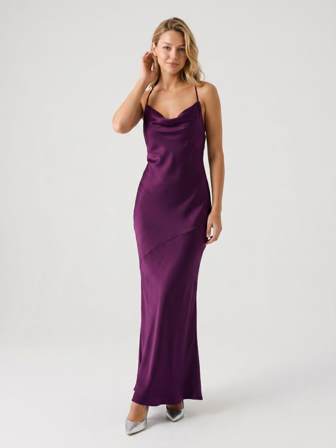 Plum Satin Column V-Neck Criss-Cross Straps Floor-Length Formal Dress with Pleating - Curvevia