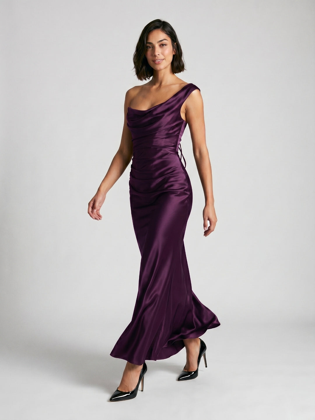 Plum Satin Sheath One Shoulder Corset Back Floor-Length Formal Dress with Pleating - Curvevia