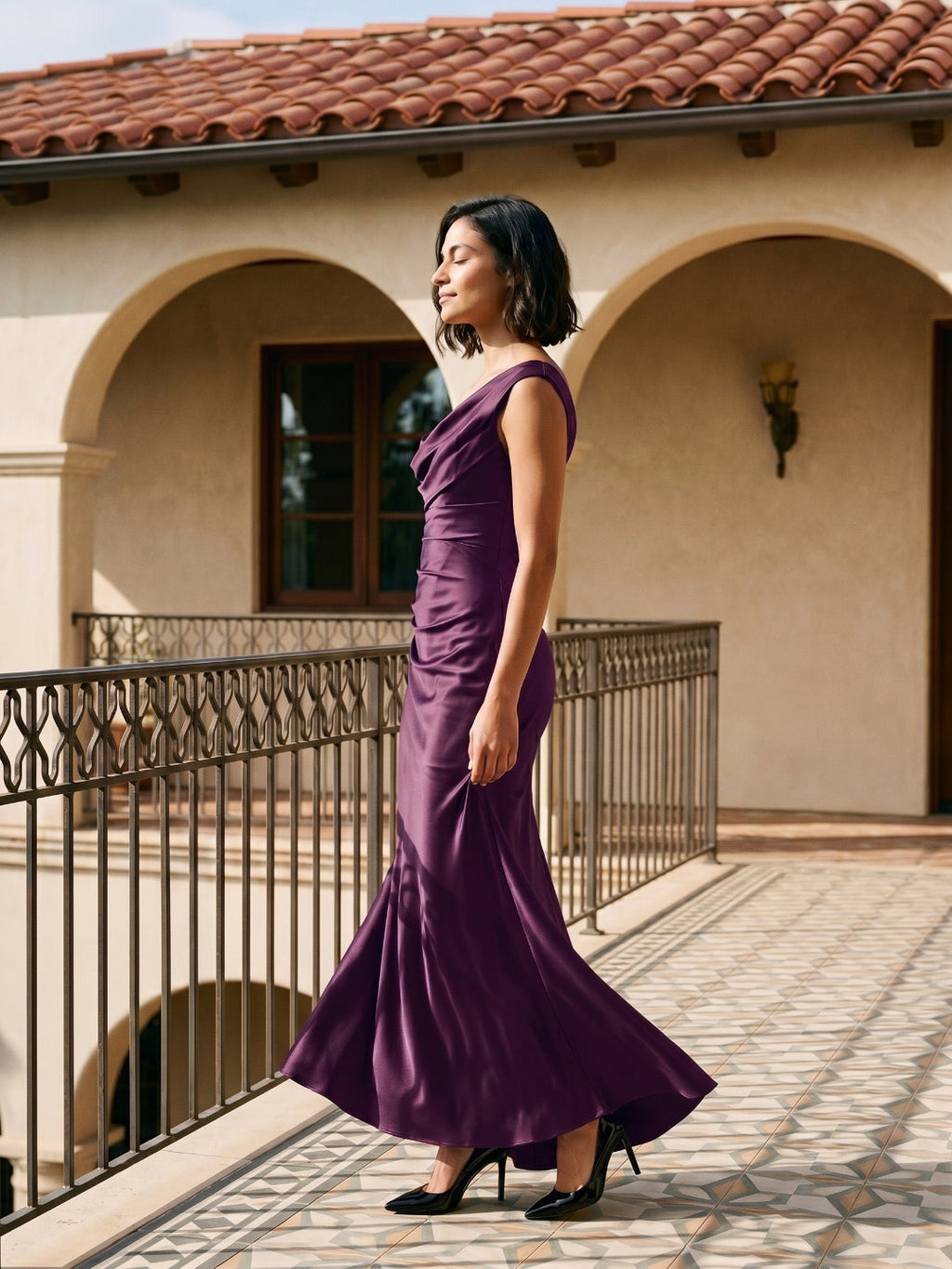 Plum Satin Sheath One Shoulder Corset Back Floor-Length Formal Dress with Pleating - Curvevia