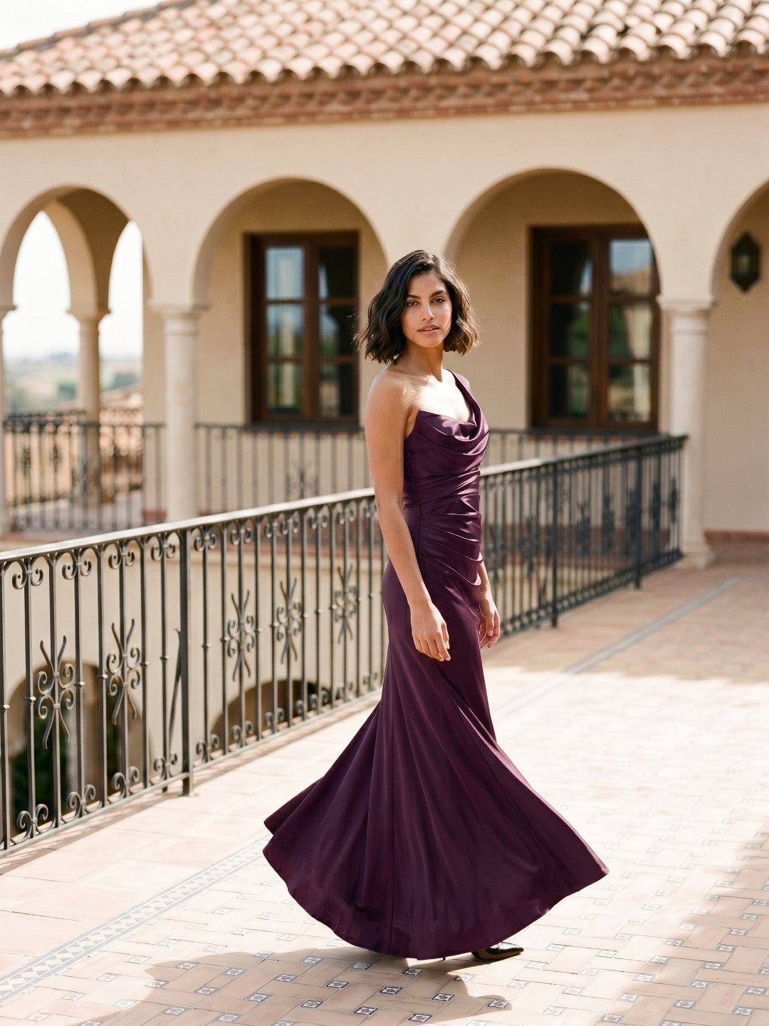 Plum Satin Sheath One Shoulder Corset Back Floor-Length Formal Dress with Pleating - Curvevia