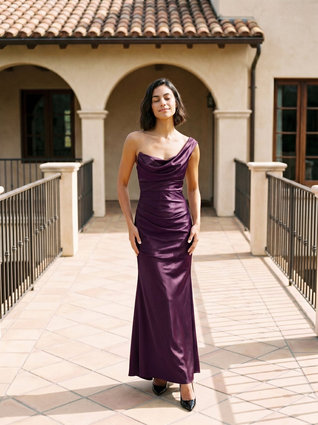 Plum Satin Sheath One Shoulder Corset Back Floor-Length Formal Dress with Pleating - Curvevia
