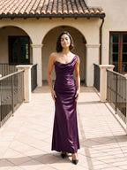 Plum Satin Sheath One Shoulder Corset Back Floor-Length Formal Dress with Pleating - Curvevia