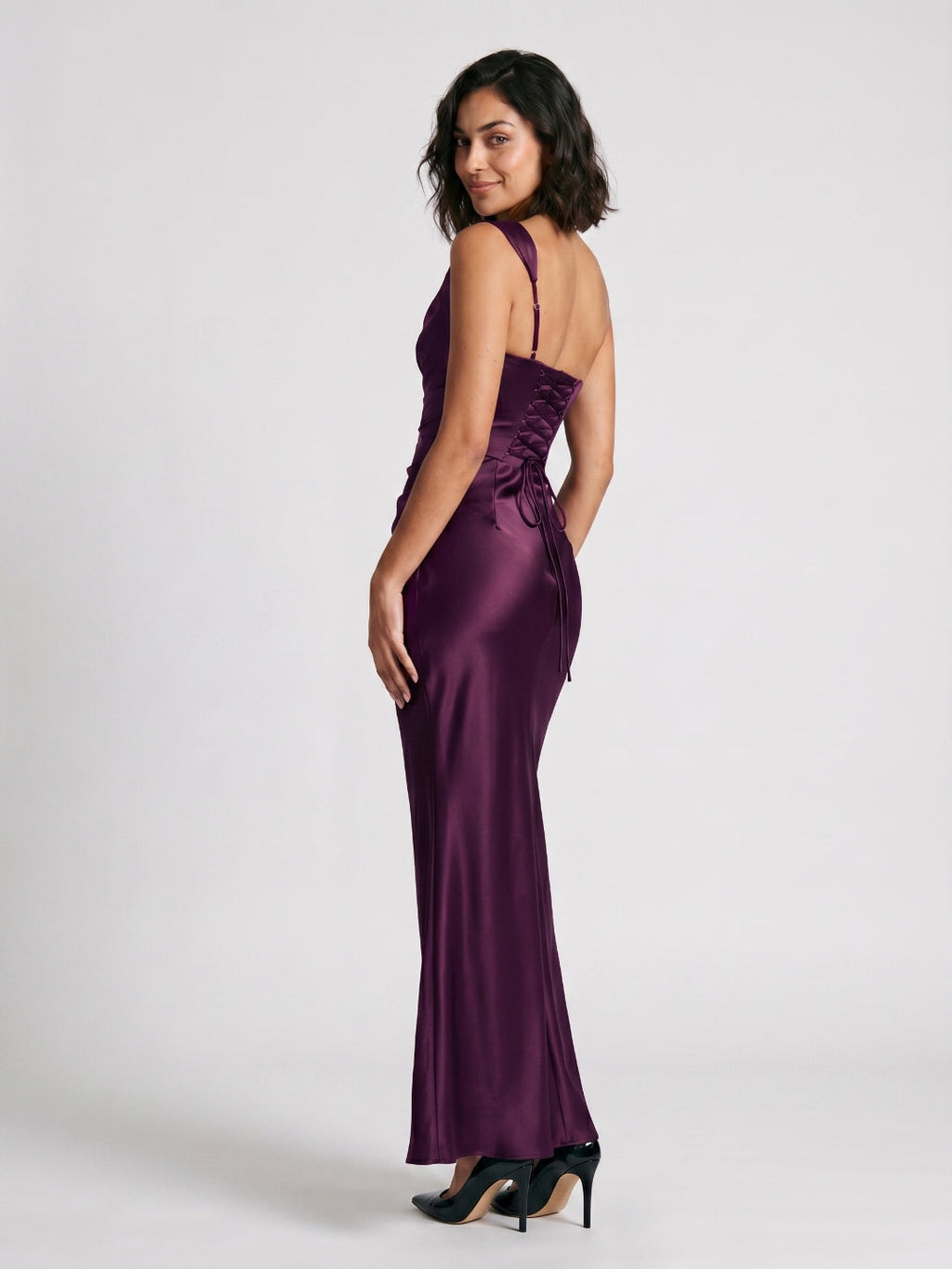 Plum Satin Sheath One Shoulder Corset Back Floor-Length Formal Dress with Pleating - Curvevia