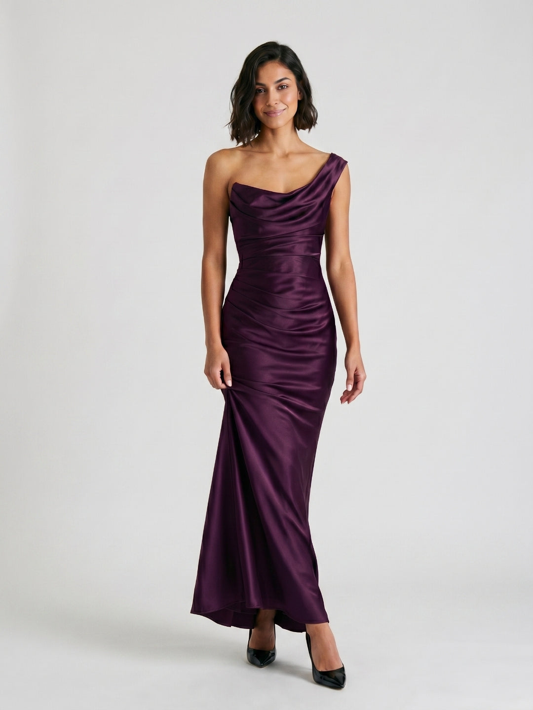 Plum Satin Sheath One Shoulder Corset Back Floor-Length Formal Dress with Pleating - Curvevia