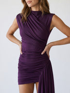 Plum Stretch Knit Sheath Cowl Neck Keyhole Back Short Dress with Pleating - Curvevia