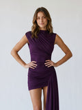 Plum Stretch Knit Sheath Cowl Neck Keyhole Back Short Dress with Pleating - Curvevia