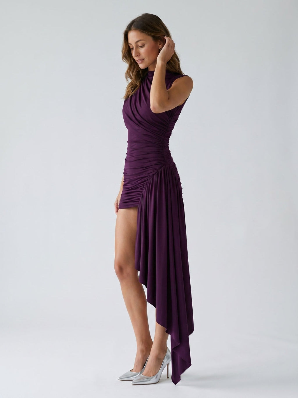 Plum Stretch Knit Sheath Cowl Neck Keyhole Back Short Dress with Pleating - Curvevia