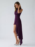 Plum Stretch Knit Sheath Cowl Neck Keyhole Back Short Dress with Pleating - Curvevia