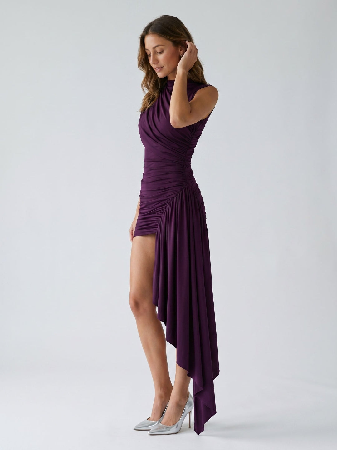 Plum Stretch Knit Sheath Cowl Neck Keyhole Back Short Dress with Pleating - Curvevia