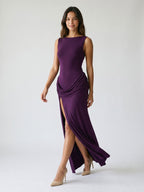 Plum Stretch Knit Sheath Straight Neck Backless Floor-Length Formal Dress with Pleating - Curvevia