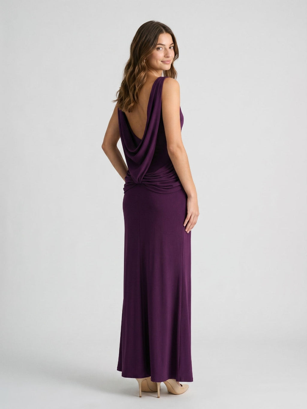 Plum Stretch Knit Sheath Straight Neck Backless Floor-Length Formal Dress with Pleating - Curvevia