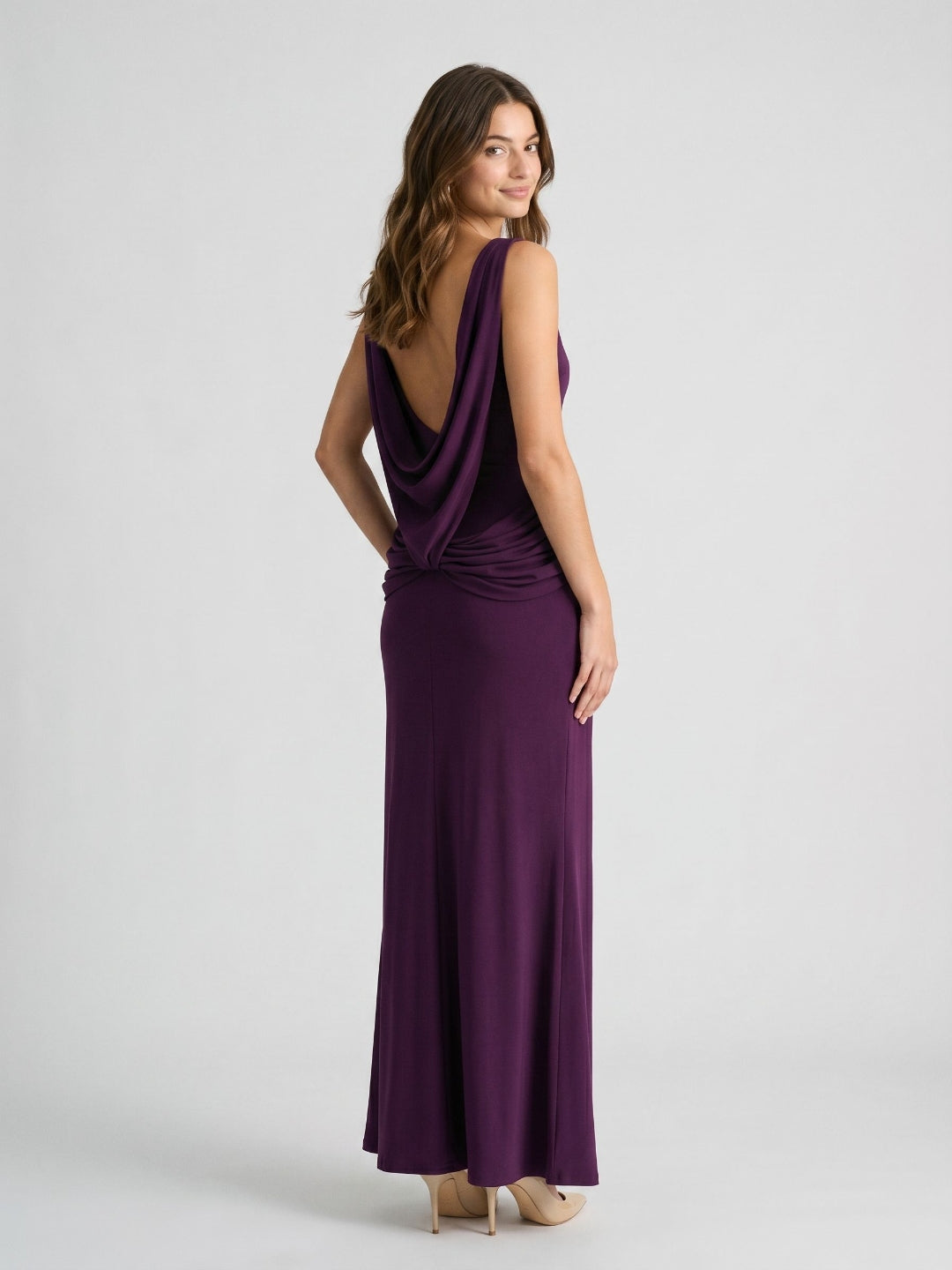 Plum Stretch Knit Sheath Straight Neck Backless Floor-Length Formal Dress with Pleating - Curvevia