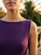 Plum Stretch Knit Sheath Straight Neck Backless Floor-Length Formal Dress with Pleating - Curvevia
