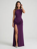 Plum Stretch Knit Sheath Straight Neck Backless Floor-Length Formal Dress with Pleating - Curvevia