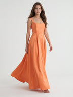 Polished Orange Satin A-Line Square Neck Back Zip Floor-Length Bridesmaid Dress with Pleats - Curvevia