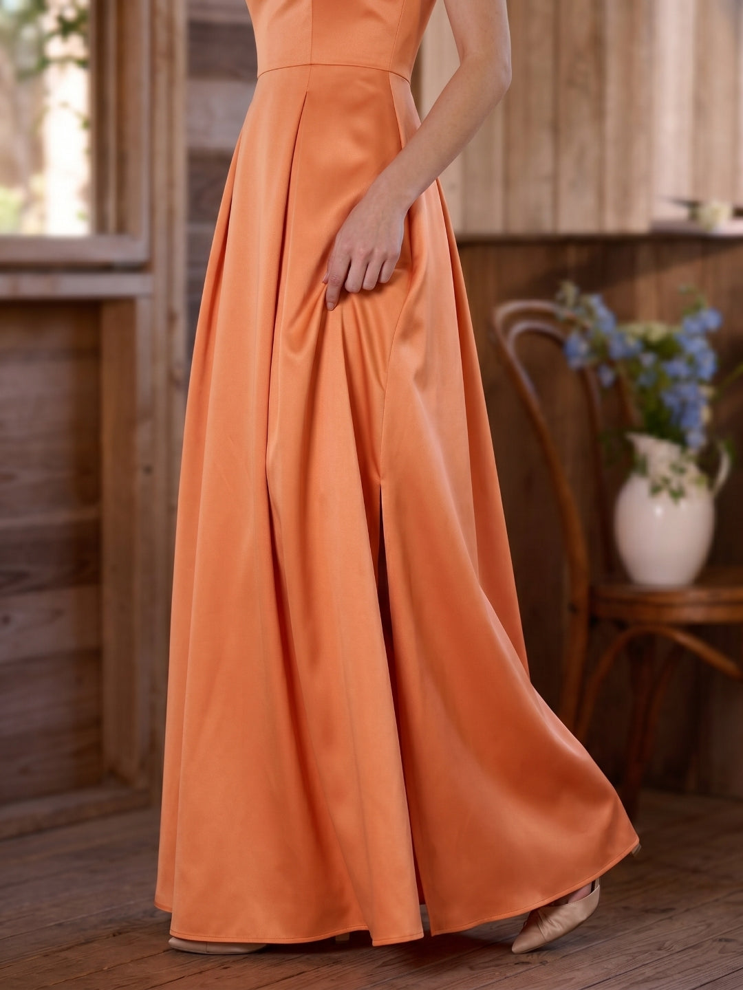 Polished Orange Satin A-Line Square Neck Back Zip Floor-Length Bridesmaid Dress with Pleats - Curvevia