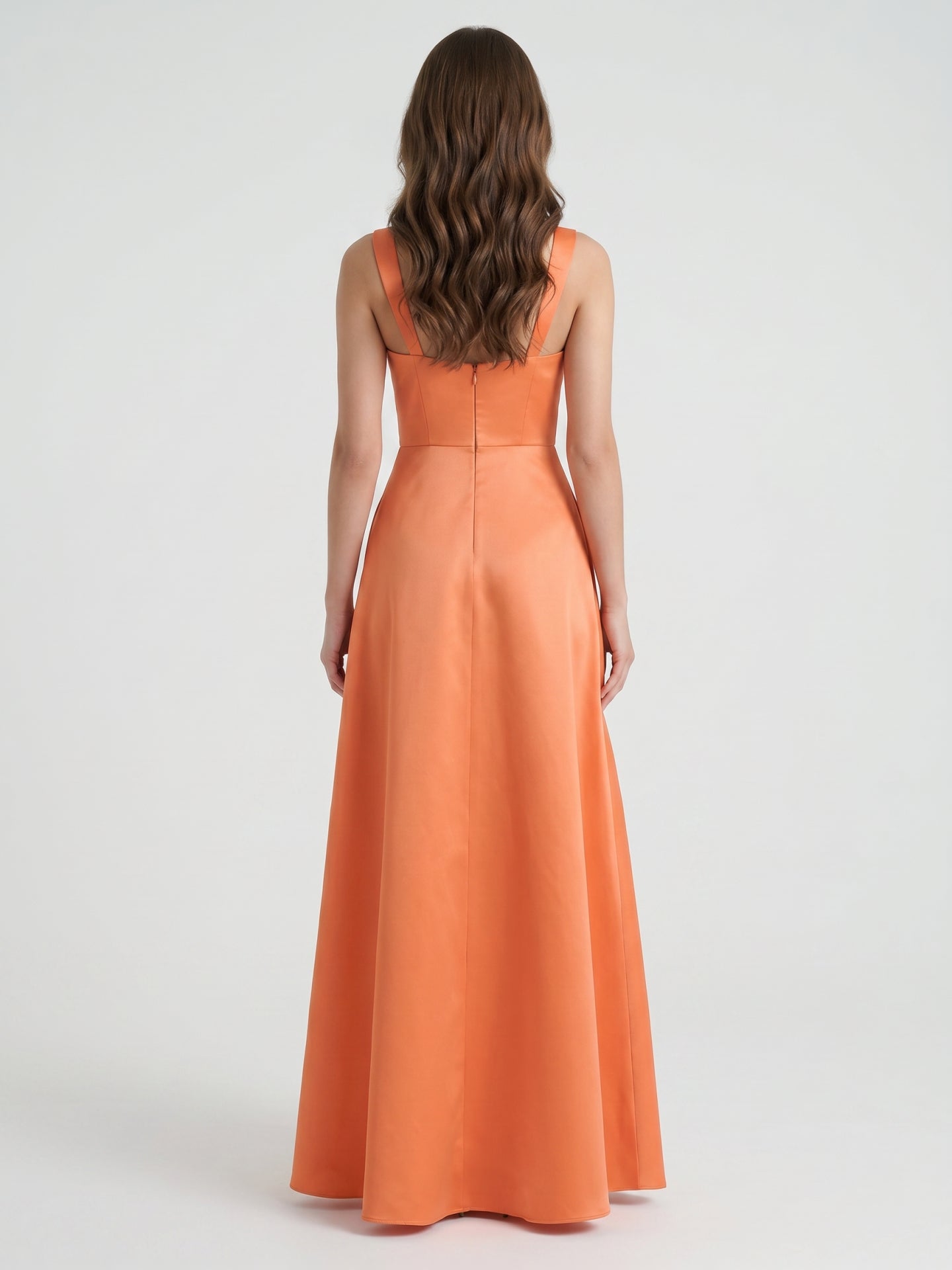 Polished Orange Satin A-Line Square Neck Back Zip Floor-Length Bridesmaid Dress with Pleats - Curvevia