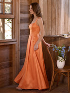 Polished Orange Satin A-Line Square Neck Back Zip Floor-Length Bridesmaid Dress with Pleats - Curvevia