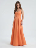 Polished Orange Satin A-Line Square Neck Back Zip Floor-Length Bridesmaid Dress with Pleats - Curvevia
