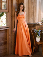 Polished Orange Satin A-Line Square Neck Back Zip Floor-Length Bridesmaid Dress with Pleats - Curvevia