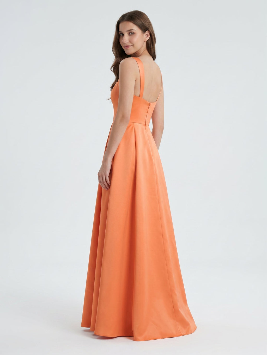 Polished Orange Satin A-Line Square Neck Back Zip Floor-Length Bridesmaid Dress with Pleats - Curvevia