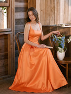 Polished Orange Satin A-Line Square Neck Back Zip Floor-Length Bridesmaid Dress with Pleats - Curvevia