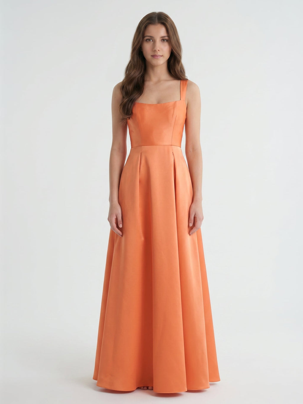 Polished Orange Satin A-Line Square Neck Back Zip Floor-Length Bridesmaid Dress with Pleats - Curvevia