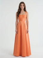 Polished Orange Satin A-Line Square Neck Back Zip Floor-Length Bridesmaid Dress with Pleats - Curvevia