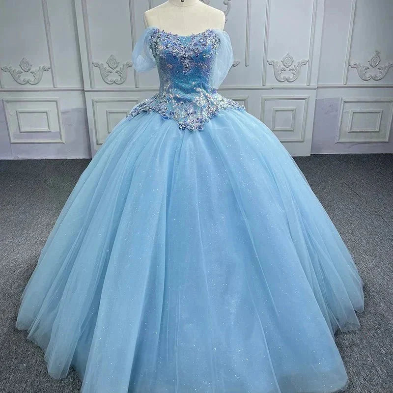Quinceanera Dress Princess Short Sleeve Ball Gown Sequins Party Dresses - Curvevia