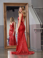 Red Mermaid Deep V Neck Sequins Evening Dress - Curvevia