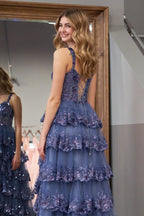 A-Line Lace Off-the-Shoulder Tiered Long Prom Dress with Slit - Curvevia
