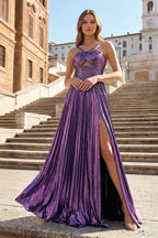 Metallic Keyhole Spaghetti Strap Long Evening Dress with Slit - Curvevia