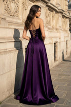 A Line Black Strapless Satin Evening Dress With Slit - Curvevia