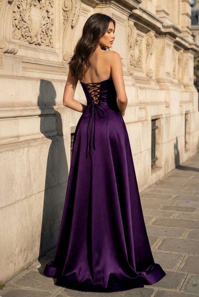A Line Black Strapless Satin Evening Dress With Slit - Curvevia