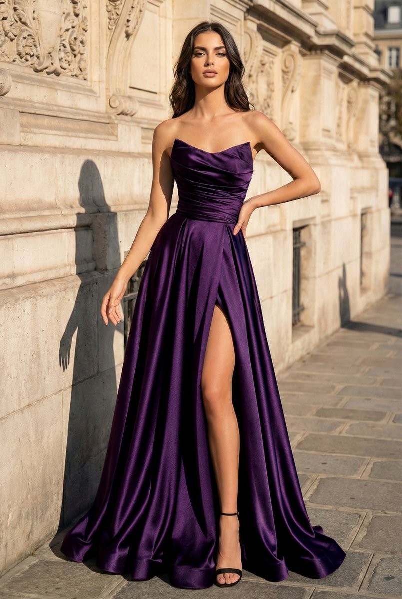 A Line Black Strapless Satin Evening Dress With Slit - Curvevia