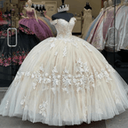 Off The Shoulder Long Champagne Lace Appliques Quinceanera Dress - Curvevia