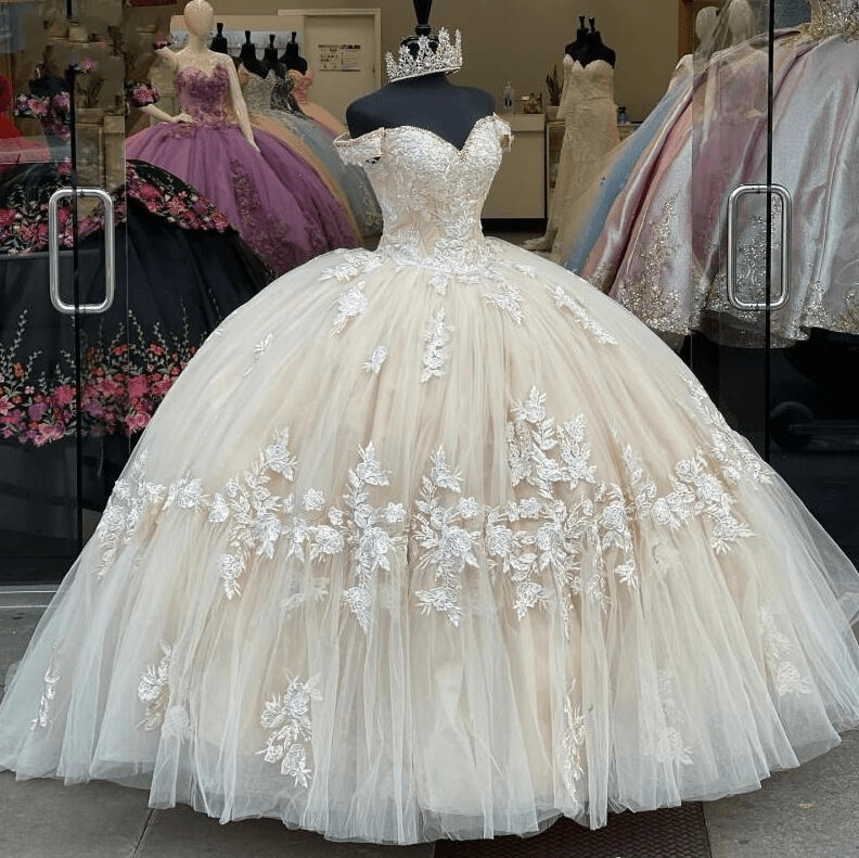 Off The Shoulder Long Champagne Lace Appliques Quinceanera Dress - Curvevia