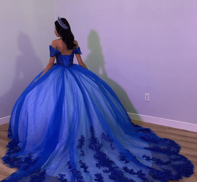 Royal Blue Tulle Off The Shoulder Quinceanera Dress - Curvevia